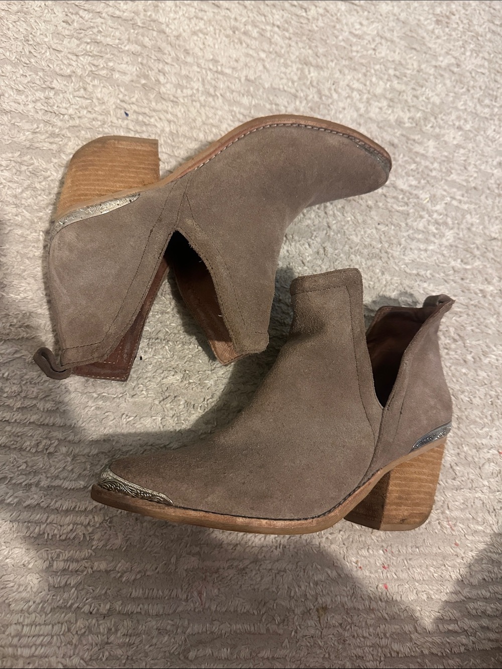 Jeffrey Campbell Taupe Suede Ankle Booties with Stacked Heel